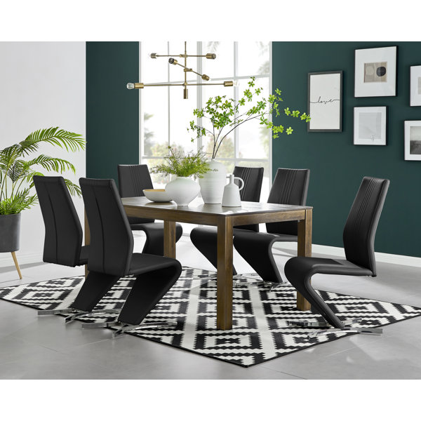 Ivy Bronx Anders Dark Walnut Solid Wood Dining Table & 6 Black Willow